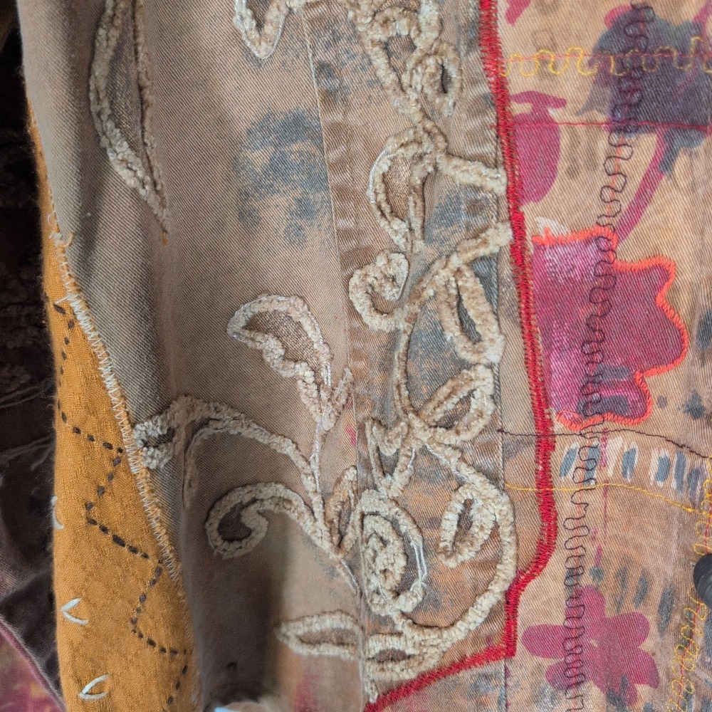 VTG Patchwork Jacket L Boho Embroidered Applique Art To Wear - Picture 3 of 8